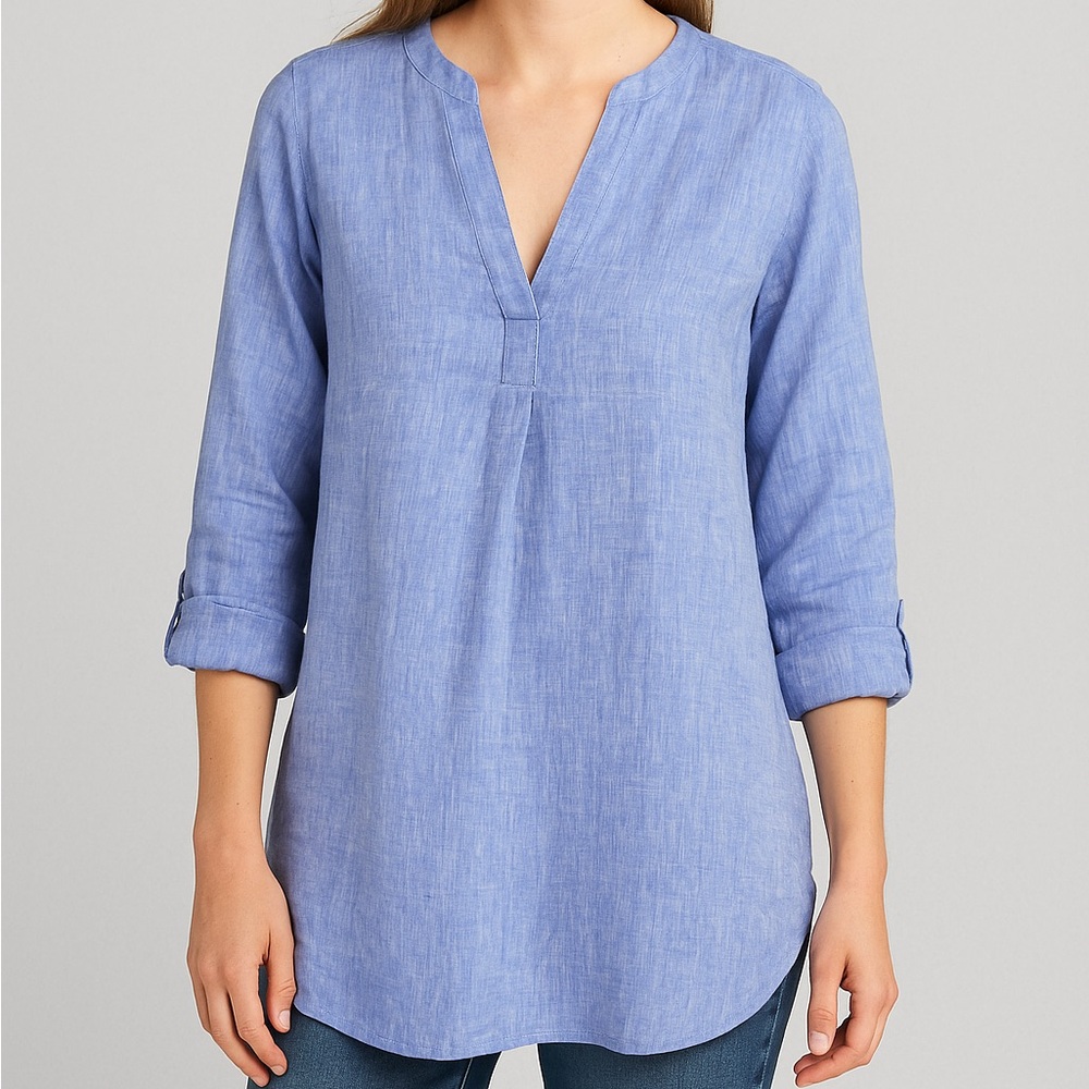 L.L. Bean Premium Linen Tunic Top Blue Women’s Petite Large Long Sleeve NWT